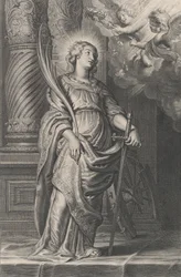 Saint Catherine håller palmblad och ett svärd, två putti över huvudet håller en laura..., ca. 1625-59.