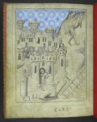 Lägg till 24189. f.16v, Simson som bär Gazas portar, bevakad från stadsmuren av pansarsoldater och, vid ett fönster, Delilah, från 