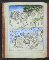 Lägg till 24189, f.5v, Rekreation på Cypern med, ovanför, en hjortjakt med leoparder och, nedanför, en fest, från 