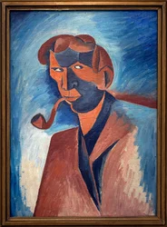 Rökning (självporträtt). Målning av Bohumil Kubista (1884-1918), Olja på duk 1910. Tjeckisk konst 1900-talet. Veletrzni-palatset (mässpalatset), Prag (Tjeckien).