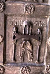 Panel med en föreställning av Visitationen på Porta di S. Ranieri