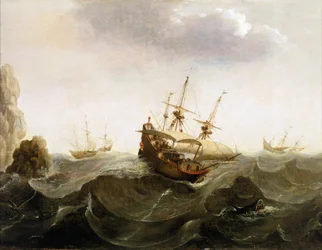 Ett holländskt handelsfartyg på väg till Ostindien låter två sillfiskebåtar passera. Oljemålning, mitten av 1600-talet, av Bonaventura Peeters (1614-1652).