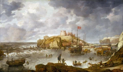 Hamnen i Archangel (Ryssland), delvis frusen, med ett fartyg som bär dansk flagg