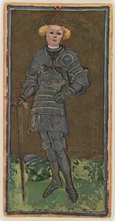Svärdsknekt, faksimil av ett tarotkort från «Visconti»-leken, 1441-47