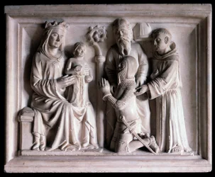 Jungfrun presenterar Jesus för tre personer (skulptur
