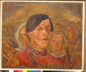 Självporträtt med tuppen och hönan, omkring 1924 - 60,4 x 73,5 cm - Privatsamling