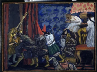 En båtmässa. Verk av Boris Dmitryevich Grigoriev (1886-1939), tempera på kartong