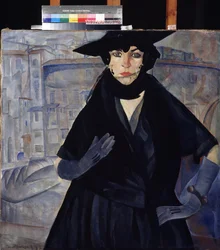 En dam i svart. Målning av Boris Dmitryevich Grigoriev (1886-1939), omkring 1910. Ryskt avantgarde, 1900-tal, expressionism. Statliga konstmuseet, Dnipropetrovsk (Dnepropetrovsk), Ukraina
