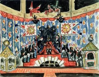 Dekor preparatoire pour la piece la puce de Evgueni (Ievgueni, Eugene, Evgeni) Zamiatine (1884-1937) (Scenografi för pjäsen The Flea av E. Zamyatin). Oeuvre av Boris Michaylovich Kustodiev (Koustodiev) (1878-1927), tempera sur bois