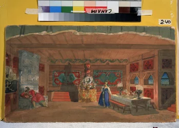 Förberedelseuppsättning för operan Tsarens brud av N. Rimsky Korsakov (Rimsky-Korsakov) (1844-1908). Verk av Boris Michaylovich Kustodiev (Koustodiev)