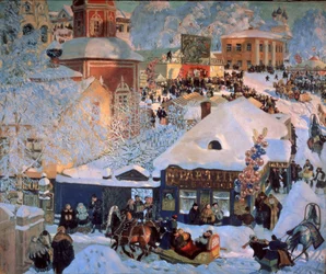 Vinter, Mardi Gras (vinter, Schrovetide). Traditionella festligheter på de snötäckta gatorna i en provinsstad. Förutom beskrivningen av stadens byggnader, klungorna av ballonger, en karusell, tavernors skyltfönster och slädar som dras av