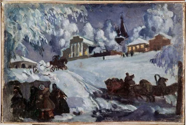 Vinter, slädar (Vinter. Slädtur). Målning av Boris Michaylovich Kustodiev (Koustodiev) (1878-1927), olja på duk, cirka 1920. Rysk konst, tidigt 1900-tal. Privat samling.