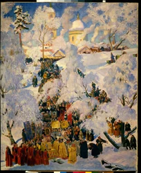 Vattnets stora välsignelse på Teofanifesten. Traditionell scen av den ryska ortodoxa kyrkan, Stilla veckan liturgisk procession, firande av dopvatten, i ett snöigt landskap. Målning av Boris Michaylovich Kustod