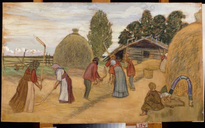 Tröskningen av skörden med slagan (Tröskning) - Verk av Boris Michaylovich Kustodiev (Koustodiev) (1878-1927), pastell på kartong, 59x100 cm