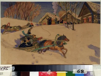 Fastlag. Glada barn far fram i hästdragna slädar över snön framför byn med trähus. De församlade vuxna hälsar dem. Verk av Boris Michajlovitj Kustodijev (1878-1927)