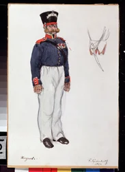 Kostymdesign för teaterpjäsen Coeur ardent av Alexandre Ostrovski (1823-1886) (Dräktdesign till teaterpjäsen Fiery Heart av A. Ostrovsky). Verk av Boris Michaylovich Kustodiev (Koustodiev) (1878-1927), penna och akvarell på papper