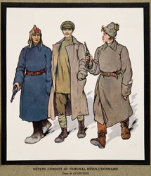 Fången förs till en revolutionsdomstol; från Histoire des Soviets, pub. 1922 (färg litho)