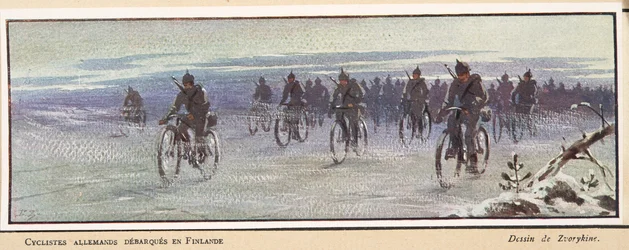 Tyska cyklister som anländer till Finland; från Histoire des Soviets, pub. 1922 (lito i färg)
