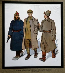 Ryssland efter revolutionen 1917: "En avspärrning förd till revolutionstribunalen". Teckning av Boris Zvorykin (1872-1935). Institutet för socialhistoria, Montreuil