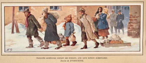 Sovjetiska arbetare som lämnar kontoret med sina matransoner, från Histoire des Soviets, pub. 1922 (lito i färg)