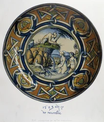 Actéon överraskande Artemis (diane) au bain - i "" Samling av italienska fajanser från XV, XVI och XVIII-talen", designad av C. Delange och C. Borneman, red. Delange, Paris