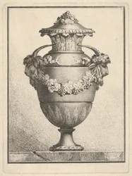 Design för en täckt vas med två gethuvuden och en girlang, 1764.