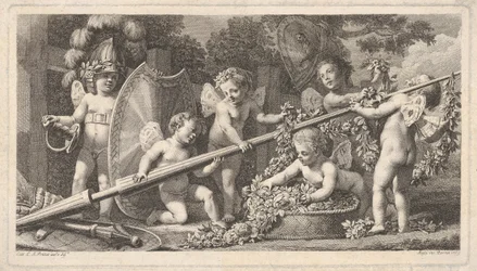 Sex putti leker med Mars armar, fyra håller i en stor lans, en till vänster ..., 1769.