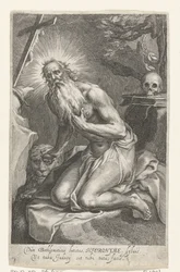 Den helige Hieronymus av Betlehem som eremit Dùm Bethlemiticis latitas (...) tibi tuta facis (titel på objektet) Eremiter (serietitel) Ad sacrum speculum (...) patribus that ales (serietitel)
