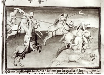 Ms Fr 2810 Den mongoliska ledaren, Hulagu, khan av Ilkhanate jagar sin kusin, Berke, khan av Kipchak eller Golden Horde i 1262, och tvingar honom i en flod, från Livre des Merveilles du Monde, c.1410-