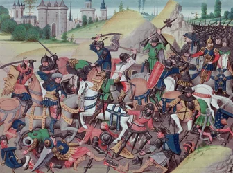 Ms 5089-90 Slag mellan saracener och kristna under korstågen, ur Chroniques des empereurs av David Aubert, 1462