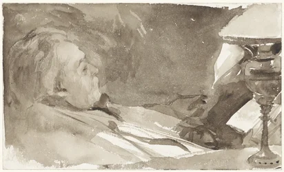 Porträtt av Alphons Marie Antoine Joseph Grandmont, läser vid en lampa