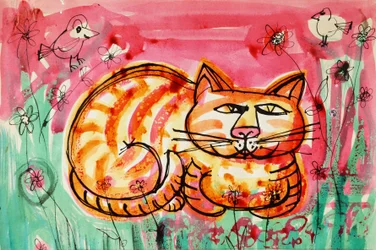Katt (akrylaffischfärg och färgat bläck)