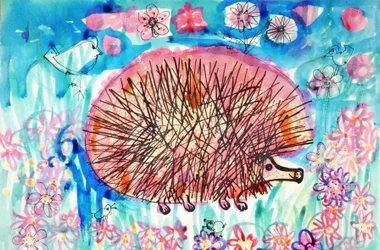 Hedgehog (akrylaffischfärg och färgat bläck)