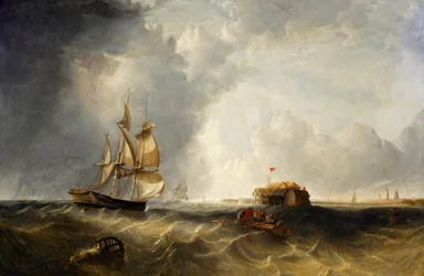 Ett segelfartyg och en roddbåt utanför Calais