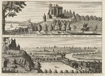 "En vy över observatoriet i Greenwich Park ...[och] En vy över Deptford och London tagen från Flamsteed Hill i Greenwich Park", ca 1750 (gravyr)