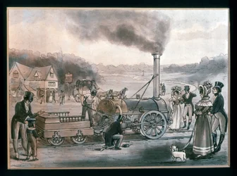 Ett konstnärligt avtryck av Robert Stephensons "Northumbrian" (färggravyr)