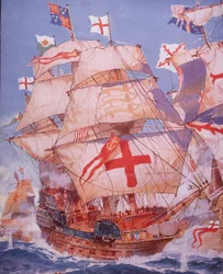 Ark Royal slåss mot spanska armadan 1588 (färg litho)