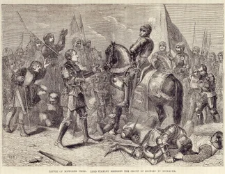 Slaget vid Bosworthfältet. Lord Stanley för med sig Richard III:s krona till Richmond (1485): slutet av kriget om de två rosorna - i "" Cassells illustrerade Englands historia", vol. II, av William Howitt
