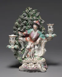 Kandelaber med herde och hund, tillverkaren Derby Porcelain Factory (Chelsea-Derby Period), ca 1775 (mjukt klistrat porslin)