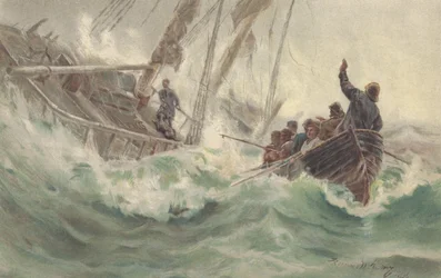 Kapten och hans trogna hund går ner med ett havererat skepp, medan besättningen flyr (färg litho)