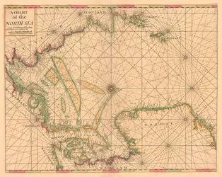 Sjökort över Nordsjön: Norge till Doversundet, ca 1700 (kolorerad gravyr)