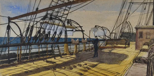 Däck på Royal Steam Packet Lines S S Don på väg till Demerara, inskrivet, ca 1880-90 (akvarell)