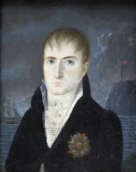 Kejsaren på ön Sankta Helena - Porträtt av kejsar Napoleon I med bart huvud, i svart dräkt, bärande Hederslegionens storkorsstjärna - Porträtt av Napoleon Bonaparte på ön Sankta Helena av Captain Dodgin (verksam)