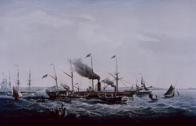 Great Western ångfartyg, designat av Brunel, färdigställt i Bristol 1837 (färg litho)