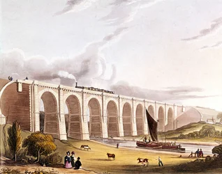 Industriell revolution: utsikt över järnvägsviadukten som korsar Sankey Valley. Plåt tagen från "" Liverpool & Manchester Railway", London 1832.