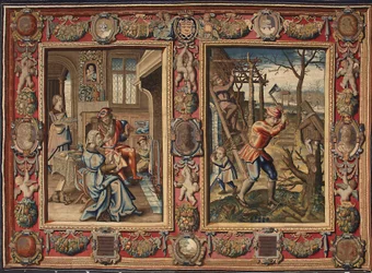 Januari och februari: "Ett par vid elden och en vedhuggare"" Gobeläng av tillverkarna av Mortlake. 1600-talsgener, Musei di Strada Nuova