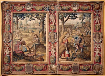 Juli och augusti: "jordbruksarbeten och skördar" Tapestry of the manufactures of Mortlake. 1600-talet Genes, Musei di Strada Nuova