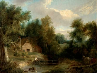 Landskap, stuga och en bäck med en figur och ett hus (olja på duk)