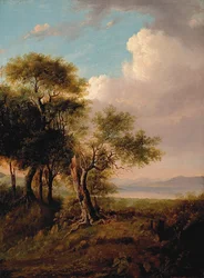 Landskap, träd i förgrunden, sjö och kullar i fjärran (olja på duk)