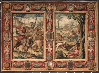 Maj och juni månad: "Jakt och klippning av får" Tapestry of the manufactures of Mortlake. 1600-talet Genes, Musei di Strada Nuova